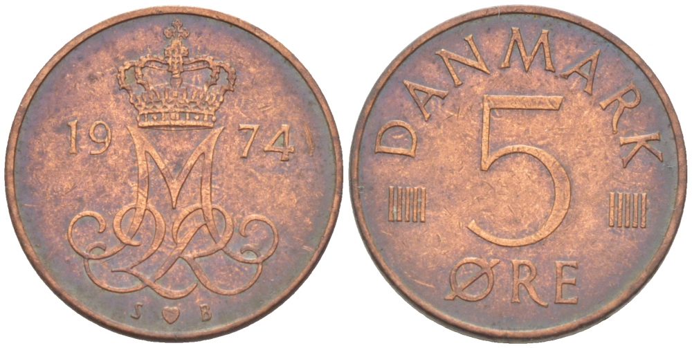ДАНИЯ 5 ЭРЕ 1974 МАРГАРЕТ II KM 859.1 железо плакированное медью 3309-122