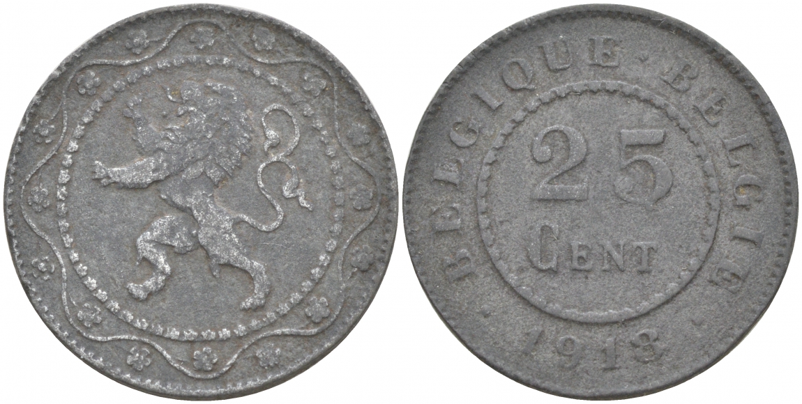 БЕЛЬГИЯ 25 САНТИМОВ 1918 BELGIQUE-BELGIE, ГЕРМАНСКАЯ ОККУПАЦИЯ, ПЕРВАЯ МИРОВАЯ ВОЙНА KM 82 цинк 69-225