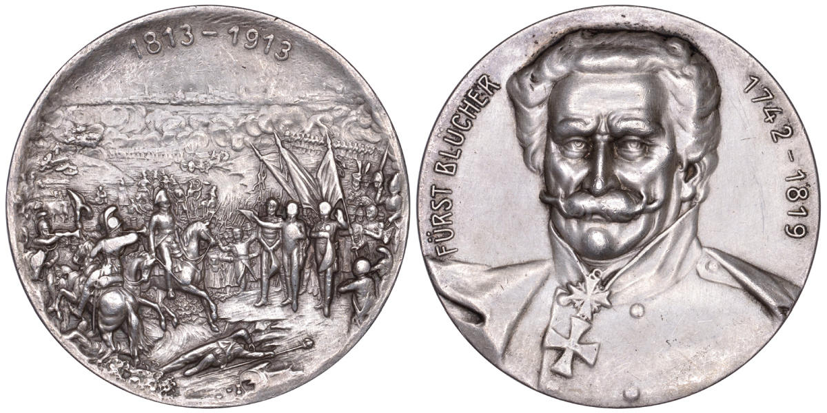 Германия медаль 1913 Гебхард Леберехт Блюхер, победитель Наполеона при Ватерлоо 1815 г., к 100 летию битвы при Лейпциге, 89,65 гр., диаметр 60 мм  серебро  00-00