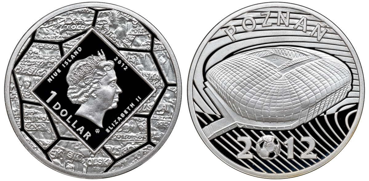 Ниуэ 1 доллар 2012 футбол чемпионат, стадион в Познани, в оригинальной коробке с сертификатом тираж 1000 шт. KM NEW серебро PROOF 2-4-2-18
