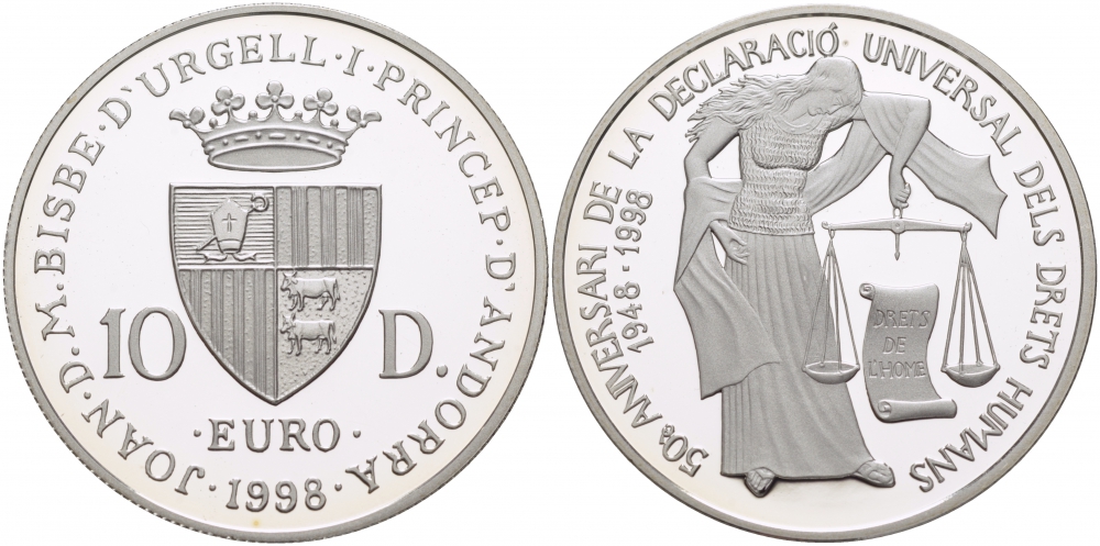 Андорра 10 динеров 1998 50 лет подписанию декларации по правам человека KM 143 серебро PROOF 1068-2-32