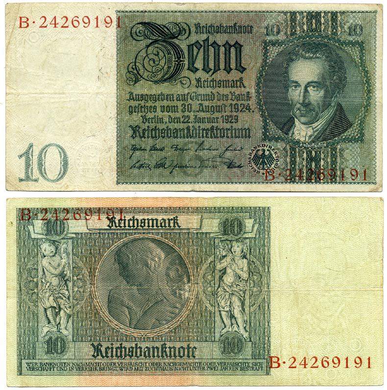 Германия 10 рейхсмарок 1929 Альбрехт Д. Тэер, буква G, серия B Pick 180a, Ros. 173е  бумага 3295-63-1