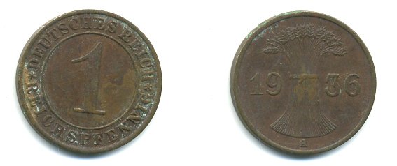 ГЕРМАНИЯ 1 РЕЙХСПФЕННИГ 1936 A KM 37, J. 313 бронза 35-162