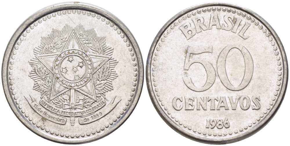 Бразилия 50 сентаво 1986 реформа 1986-1989 KM 604 нержавеющая сталь 217-1257