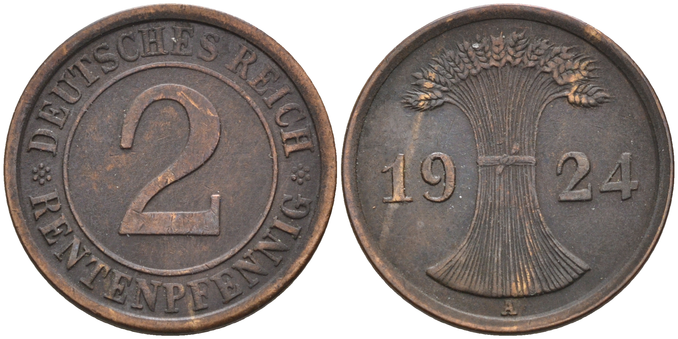 Германия 2 рентенпфеннига 1924 А KM 31 J.307 бронза 4589-121