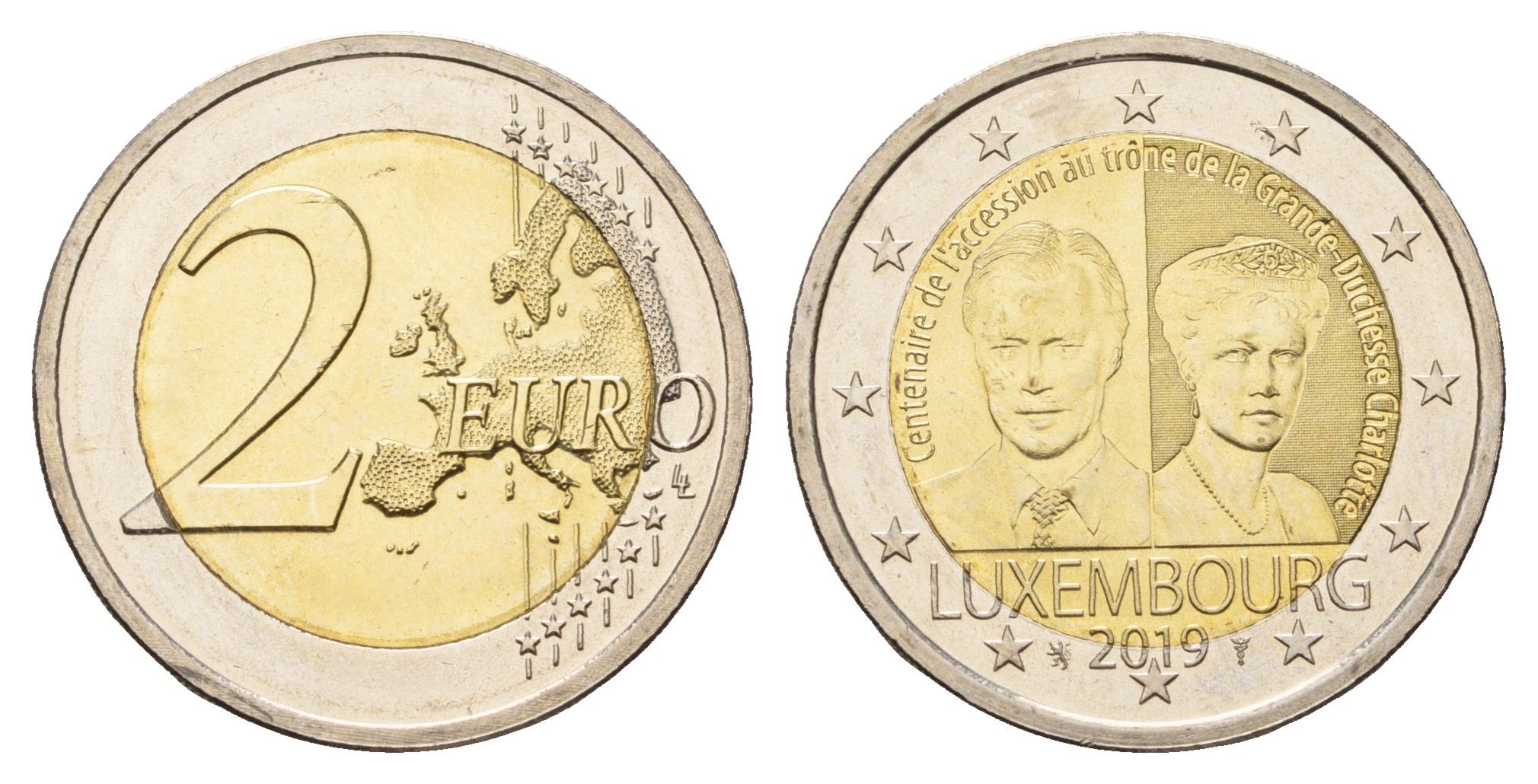 Люксембург 2 евро 2019 100 лет вступлению на трон Великой Герцогини Шарлотты KM 158 биметалл UNC 68-314