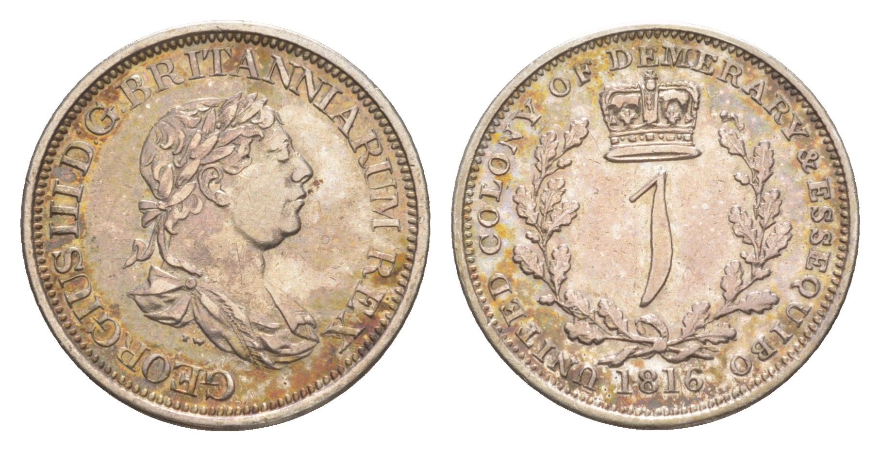 Демерара и Эссекибо 1 гульден 1816 TW, Георг III (1760-1820) KM 13 серебро 00-821-40
