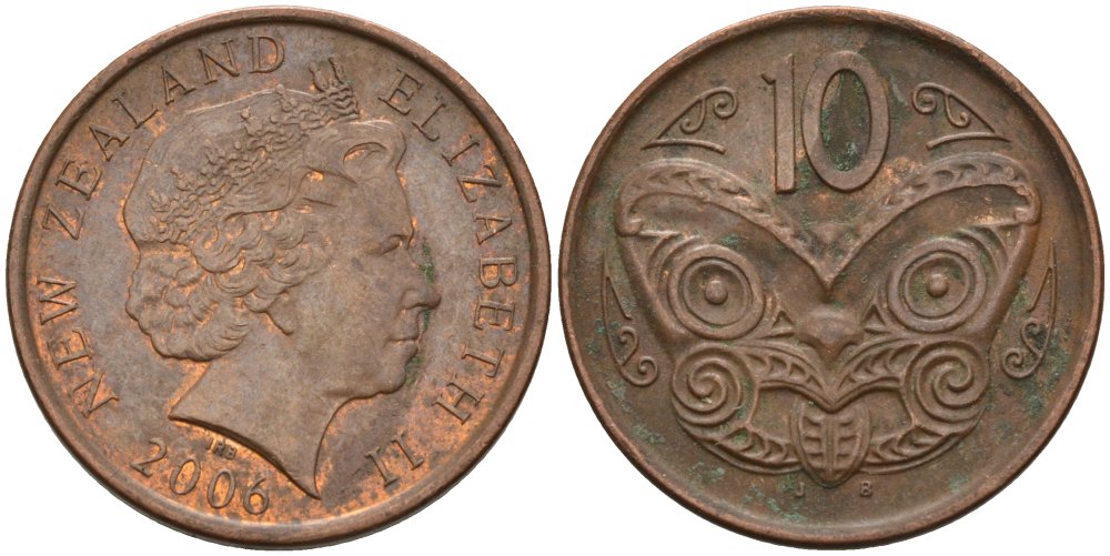 Новая Зеландия 10 центов 2006 Елизавета II (1952-2022), маска маори KM 117а сталь плакированная медью 117-1245