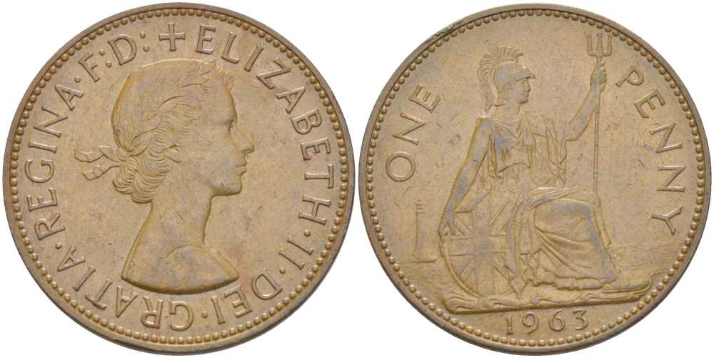 Великобритания 1 пенни 1963 Елизавета II (1952-2022) KM 897, Spink 4157 бронза 180-132