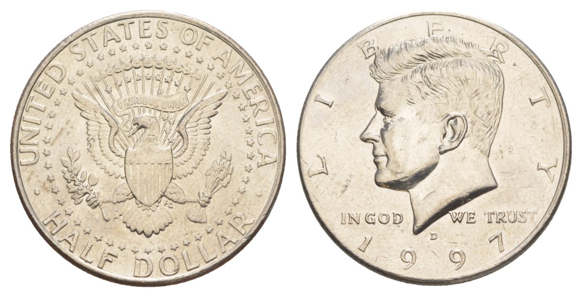 США 1/2 доллара (50 центов) 1997 D, Джон Кеннеди KM A202b медь плакированная медно-никелем aUNC 4389-912