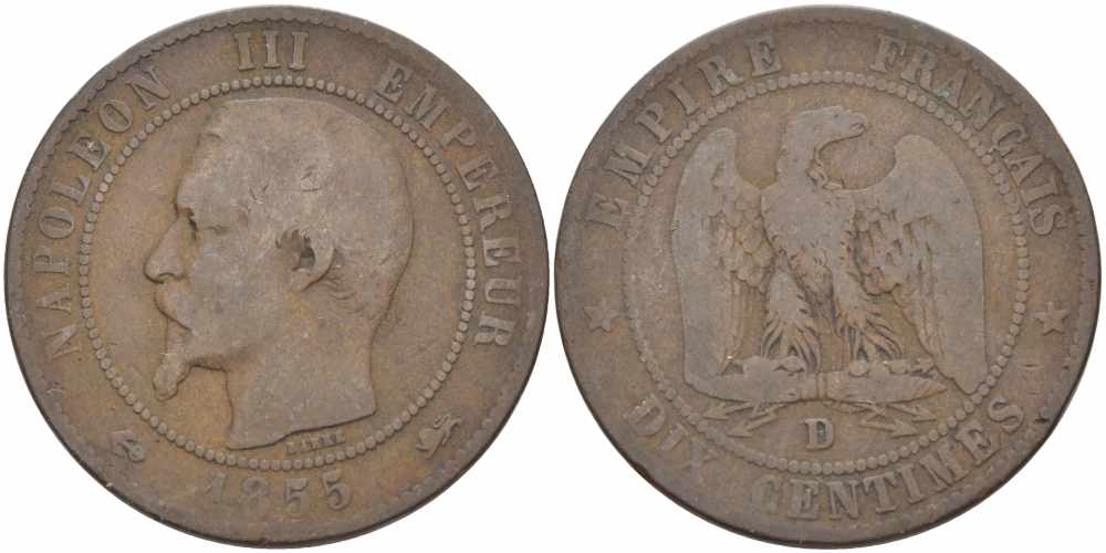 ФРАНЦИЯ 10 САНТИМОВ 1855 D, НАПОЛЕОН III (1852-1870) KM 771.4, LE FRANC 133.25 бронза 38-1042