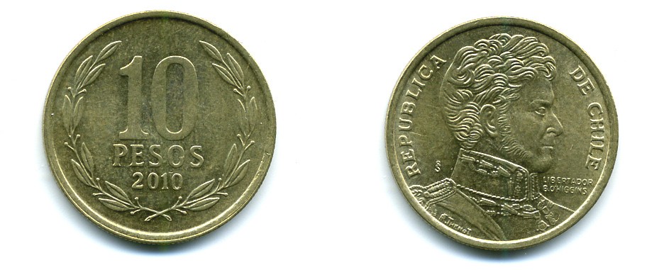 ЧИЛИ 10 ПЕСО 2010 ГЕНЕРАЛ БЕРНАРДО О ХИГГИНС KM 228.2 никель-бронза 37-1032