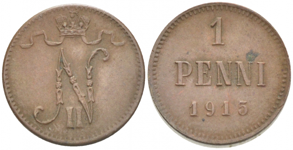 РОССИЯ ДЛЯ ФИНЛЯНДИИ 1 ПЕННИ 1915 НИКОЛАЙ II KM 13, Биткин 475 медь 4396-1469