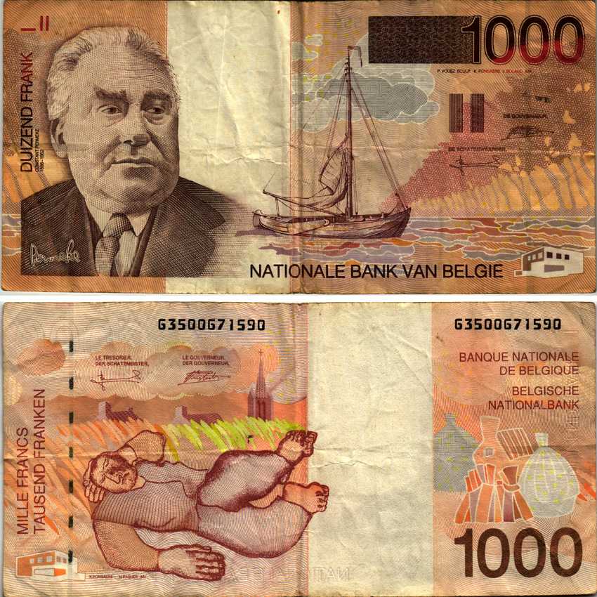 БЕЛЬГИЯ 1000 ФРАНКОВ 1997 ПОДПИСЬ (5 И 15), БЕЛЬГИЙСКИЙ ХУДОЖНИК ЭКСПРЕССИОНИСТ КОНСТАНТ ПЕРМЕКЕ (1886-1952) Pick 150 бумага 6352-12-1-2