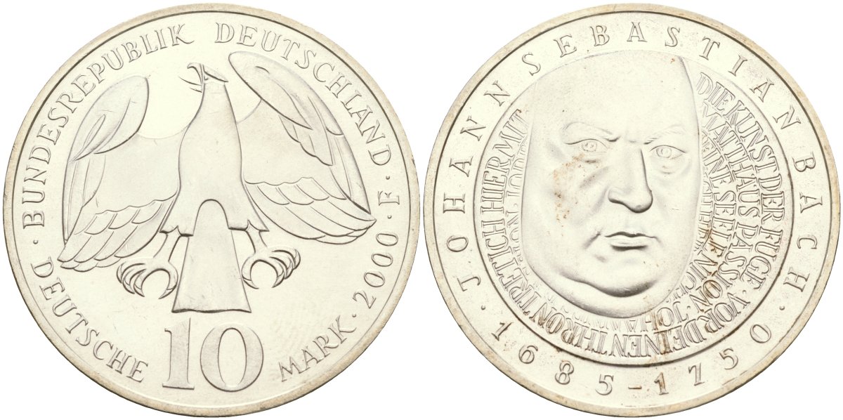 ФРГ 10 марок 2000 F, 250 лет со дня рождения Иоганна Себастьяна Баха KM 202 серебро UNC 04-137-14