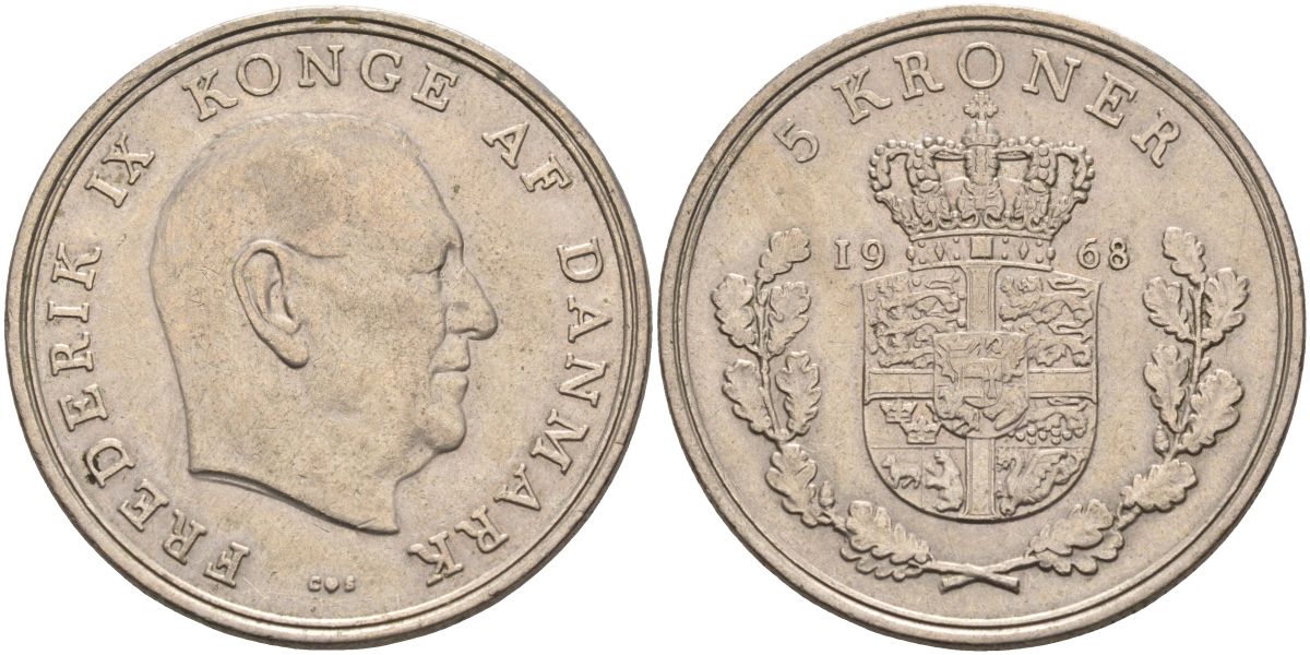 Дания 5 крон 1968 Фредерик IX (1947-1972) KM 853.1 медно-никель 4368-433
