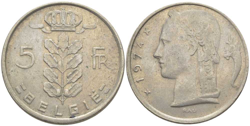 БЕЛЬГИЯ 5 ФРАНКОВ 1974 BELGIE, БОДУЭН I (1951-1993) KM 135.1 медно-никель 119-832