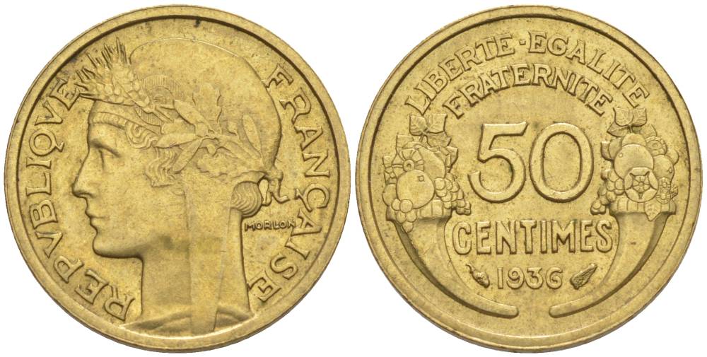 ФРАНЦИЯ 50 САНТИМОВ 1936 ТИП MORLON KM 894.1, LE FRANC 192.12 алюминиевая бронза 44-742