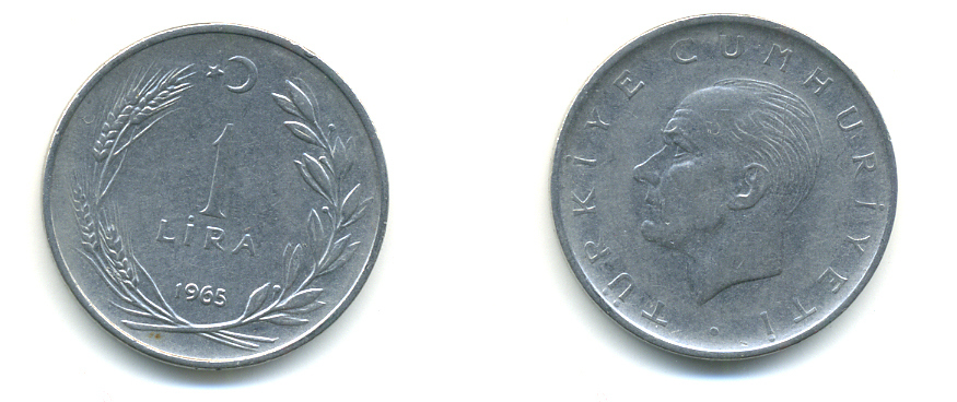 Турция 1 лира 1965 Мустафа Кемаль Ататюрк KM 889а.1 нержавеющая сталь 176-1123