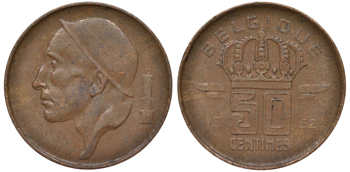 Бельгия 50 сантимов 1952 Belgique KM 144 бронза 4164-318