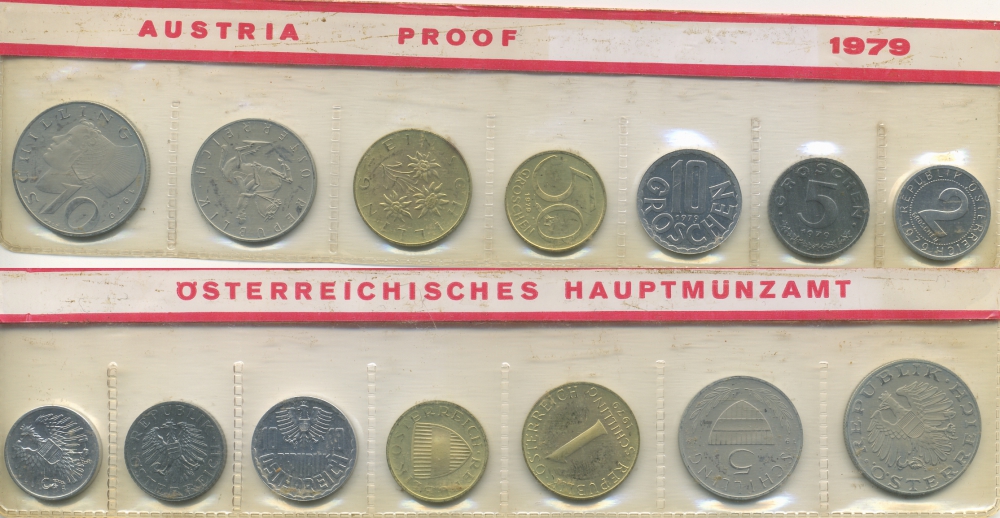 Австрия набор из 7 монет  1979  2, 5, 10, 50 грошей, 1, 5, 10 шиллингов, в целлофане PROOF 4294-10-3