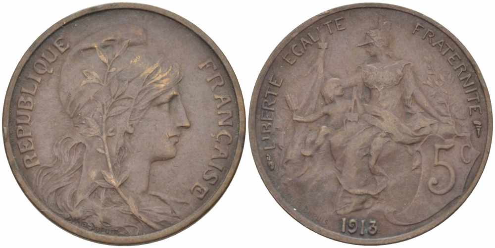 ФРАНЦИЯ 5 САНТИМОВ 1913 ТИП ДАНИЭЛЬ ДЮПЮИ KM 842, LE FRANC 119.25 бронза 108-943