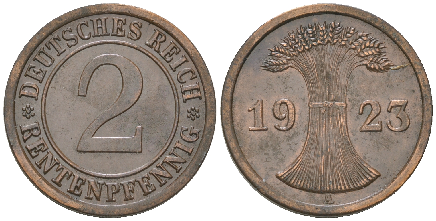 Германия 2 рентенпфеннига 1923 A KM 31, J. 307 бронза 4164-642