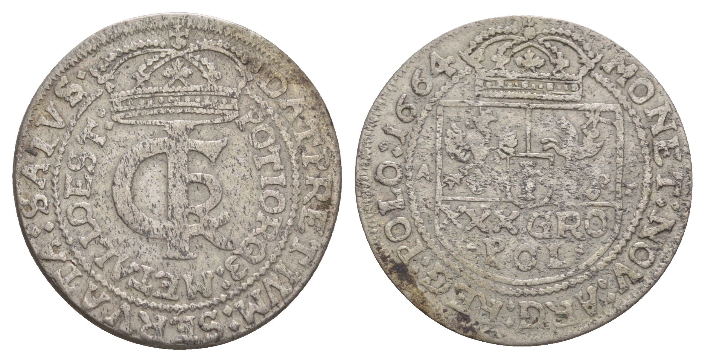 Польша 30 грошей 1664 AT, Ян II Казимир (1648-1668) Kopicki 1787 серебро 5010-1411