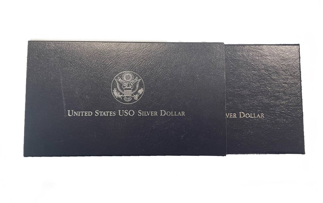 США 1 доллар 1991 S, 50 лет объединённым организациям обслуживания (USO), оригинальная коробка, сертификат KM 232 серебро PROOF 8-2-04-38