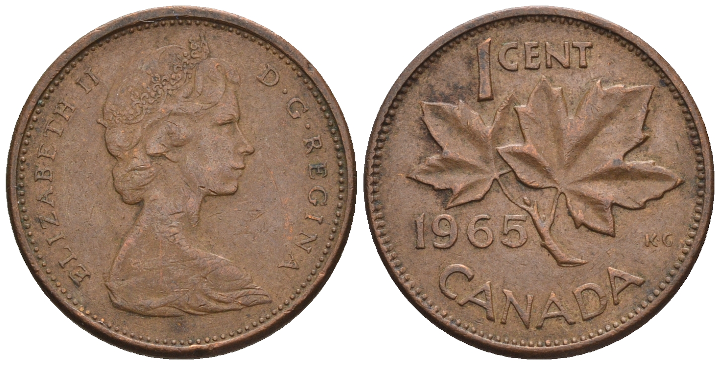 Канада 1 цент 1965 Елизавета II (1952-2022), кленовый лист KM 59.1 бронза 4609-126