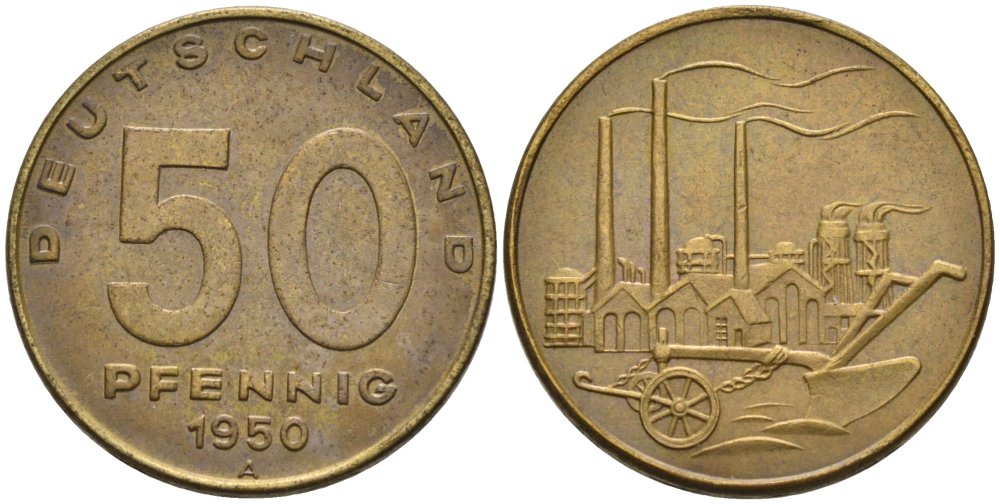 ГДР 50 пфеннигов 1950 А, фабрика KM 4 алюминиевая бронза 4575-517