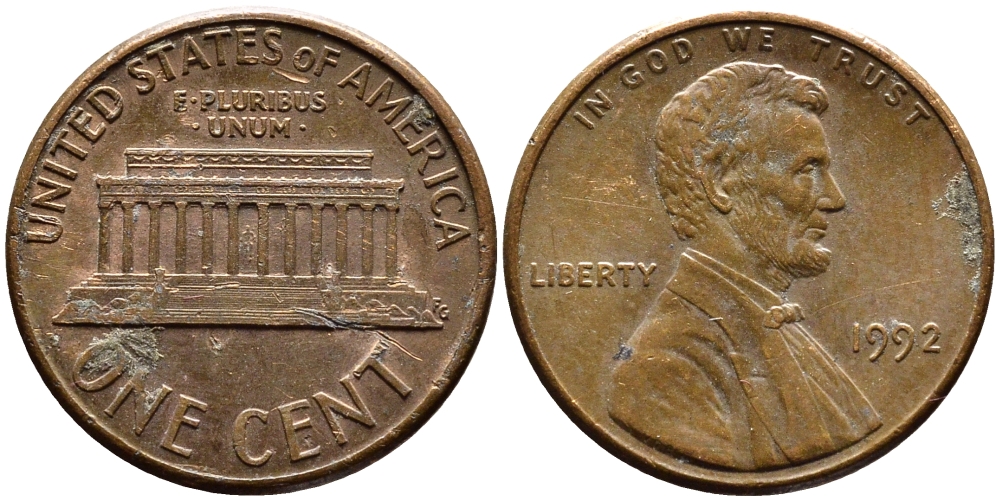 США 1 ЦЕНТ 1992 ЛИНКОЛЬН KM 201b цинк плакированный медью 4178-264