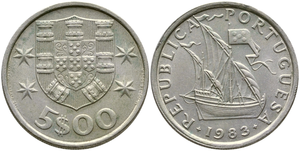 ПОРТУГАЛИЯ 5 ЭСКУДО 1983 ПАРУСНИК KM 591 медно-никель 4388-522