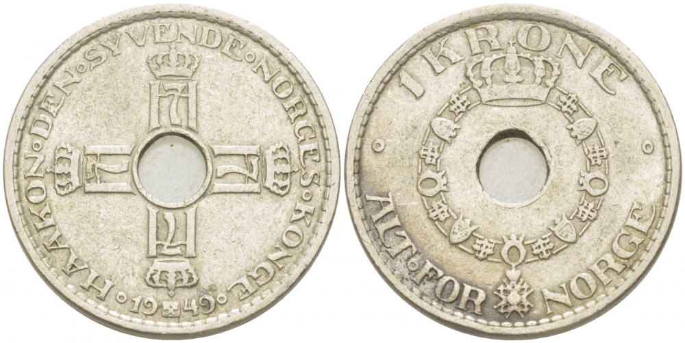 НОРВЕГИЯ 1 КРОНА 1949 ХОКОН VII (1905-1957) KM 385 медно-никель 77-446