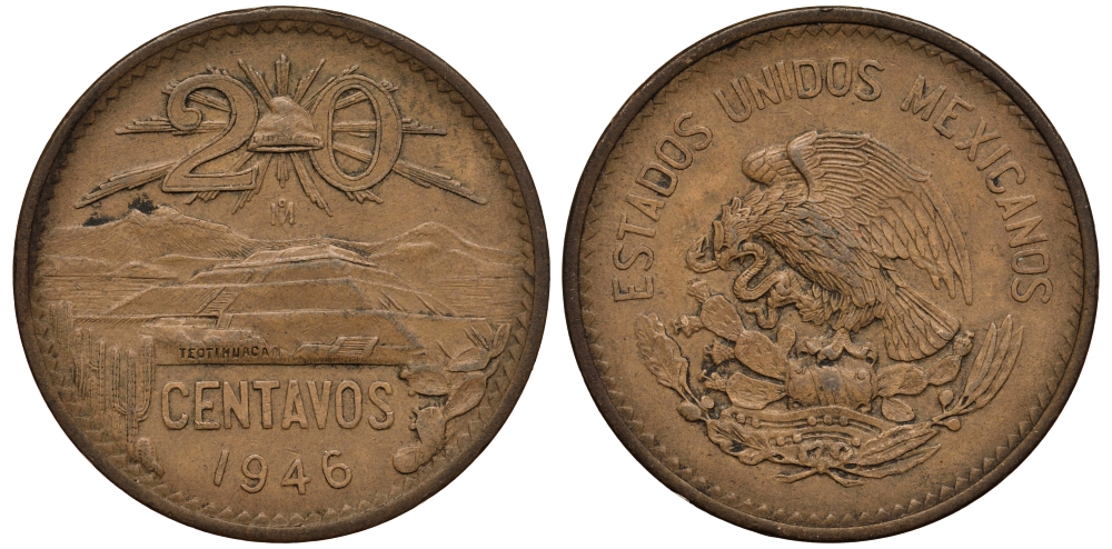 МЕКСИКА 20 СЕНТАВО 1946 ПИРАМИДА СОЛНЦА В ТЕОТИУАКАНЕ KM 439 бронза VF 215-832