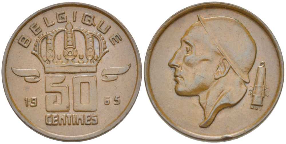 БЕЛЬГИЯ 50 САНТИМОВ 1965 BELGIQUE, БОДУЭН I (1951-1993) KM 148.1 бронза 214-453
