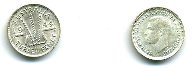 АВСТРАЛИЯ 3 ПЕННИ 1944 S ГЕРГ VI серебро UNC 7-5-26-16