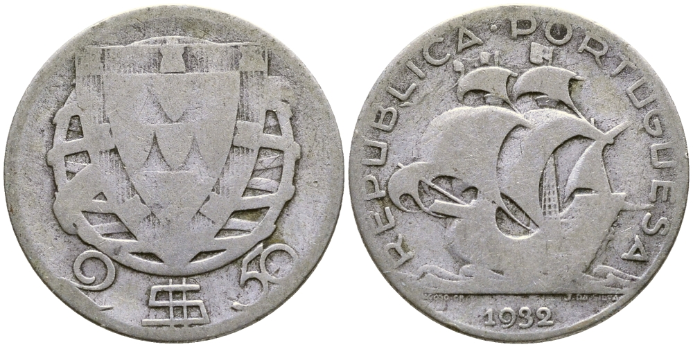 ПОРТУГАЛИЯ 2,5 ЭСКУДО 1932 ПАРУСНИК KM 580 серебро 4110-1753