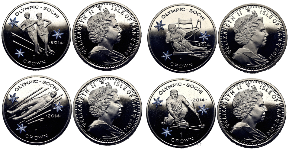 Остров Мэн 1 крона 2014 Зимние Олимпийские игры 2014 года в Сочи, коллекция из четырех монет, эмаль KM NEW медно-никель PROOF M94-12