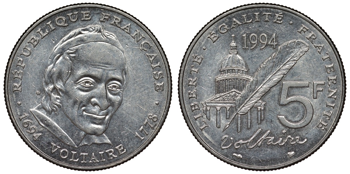 Франция 5 франков 1994 300 лет со дня рождения Вольтера KM 1063, Le Franc 344.2 медно-никель плакированный никелем 4123-245