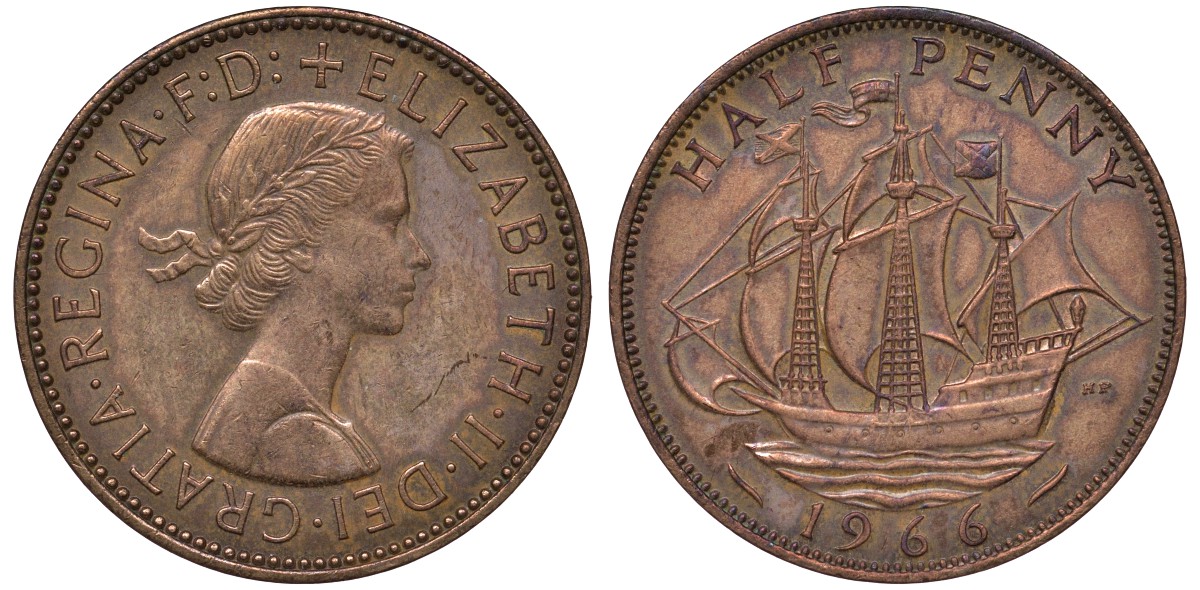Великобритания 1/2 пенни 1966 Елизавета II (1952-2022) KM 896, Spink 4158 бронза 4122-835