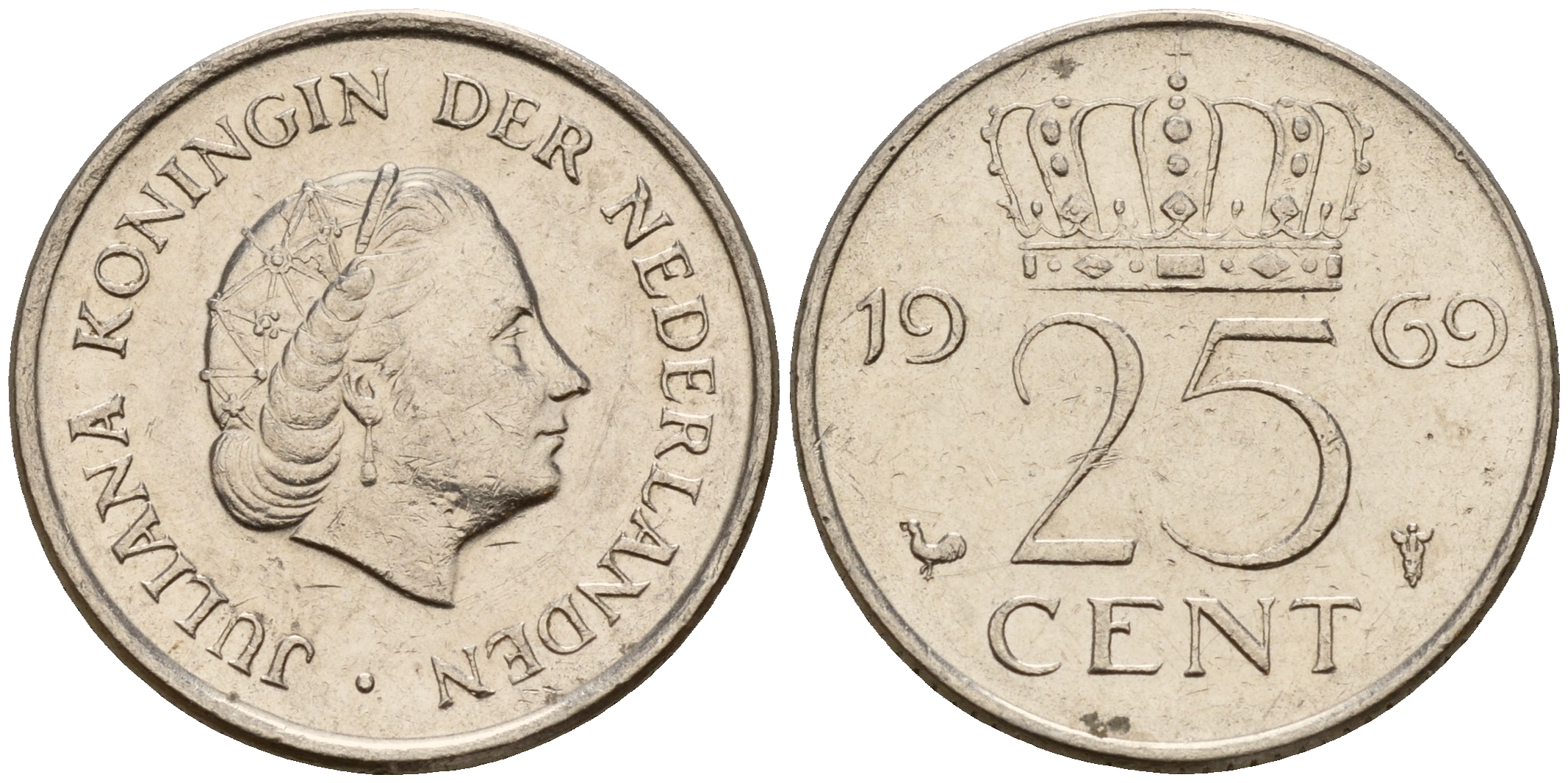 Нидерланды 25 центов 1969 Юлиана (1949-1980) HAAN KM 183 никель    4598-437