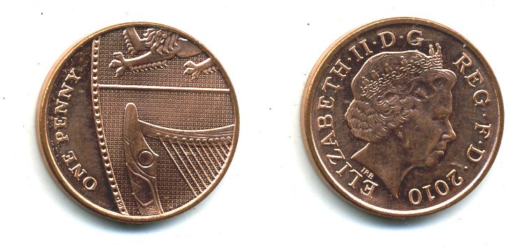 Великобритания 1 пенни 2010 Елизавета II (1952-2022) KM 1107, Spink B6 сталь плакированная медью 540-236