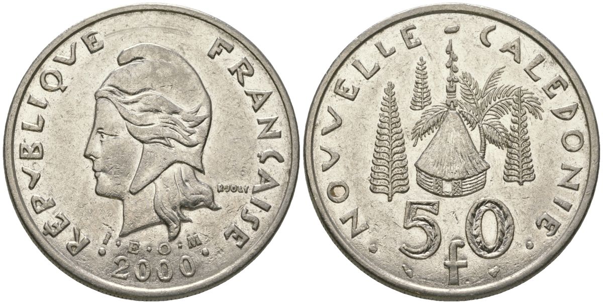 Французская Новая Каледония 50 франков 2000 хижина среди сосен и пальм, (IEOM) KM 13, Schoen 15, Lec 121 никель 111-632
