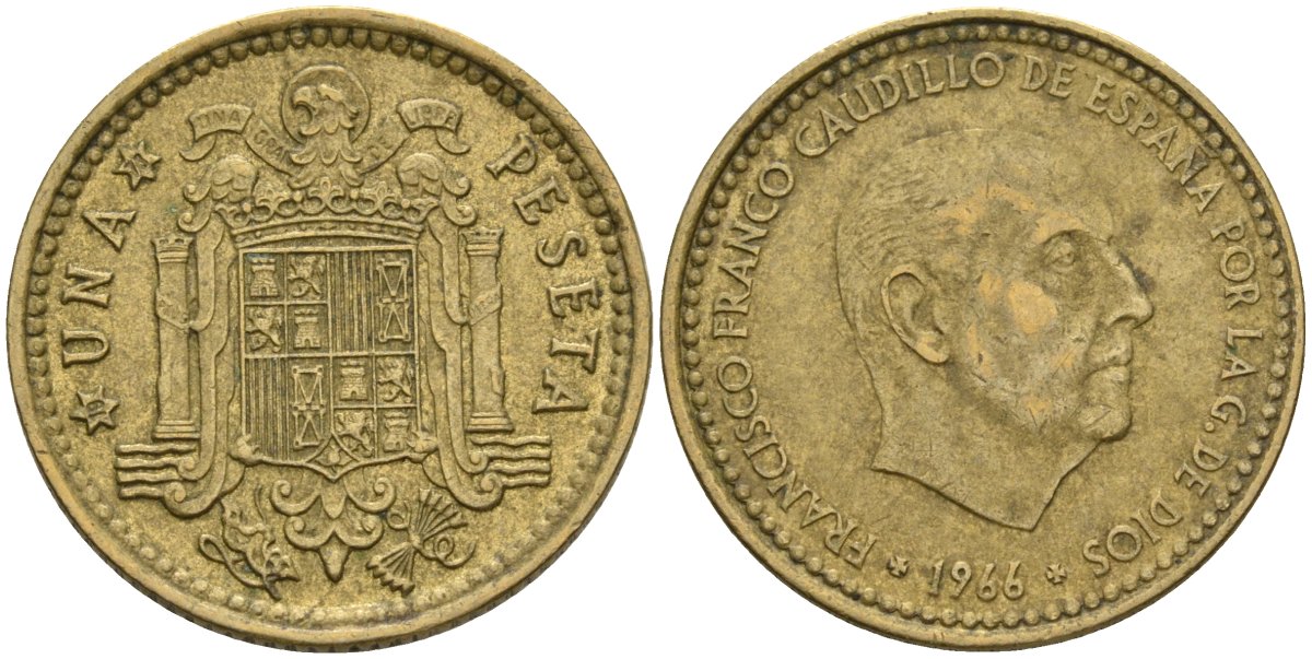 Испания 1 песета 1966 (73) Франсиско Франко (1939-1975) KM 796 алюминиевая бронза 4604-412