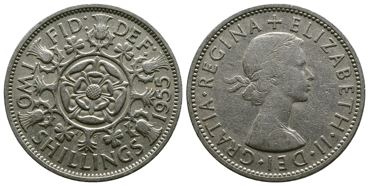 Великобритания 2 шиллинга (флорин) 1955 Елизавета II (1952-2022) KM 906, Spink 4146 медно-никель 4607-921