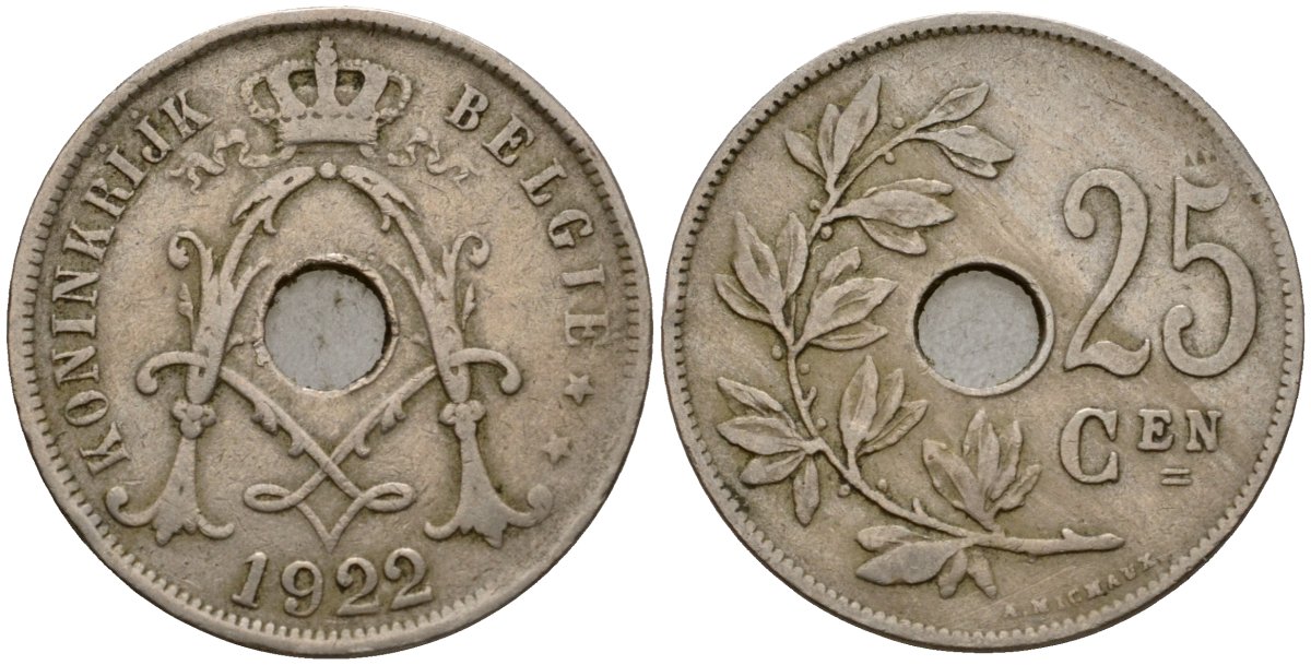 Бельгия 25 сантимов 1922 Belgie KM 69 медно-никель 33-1137