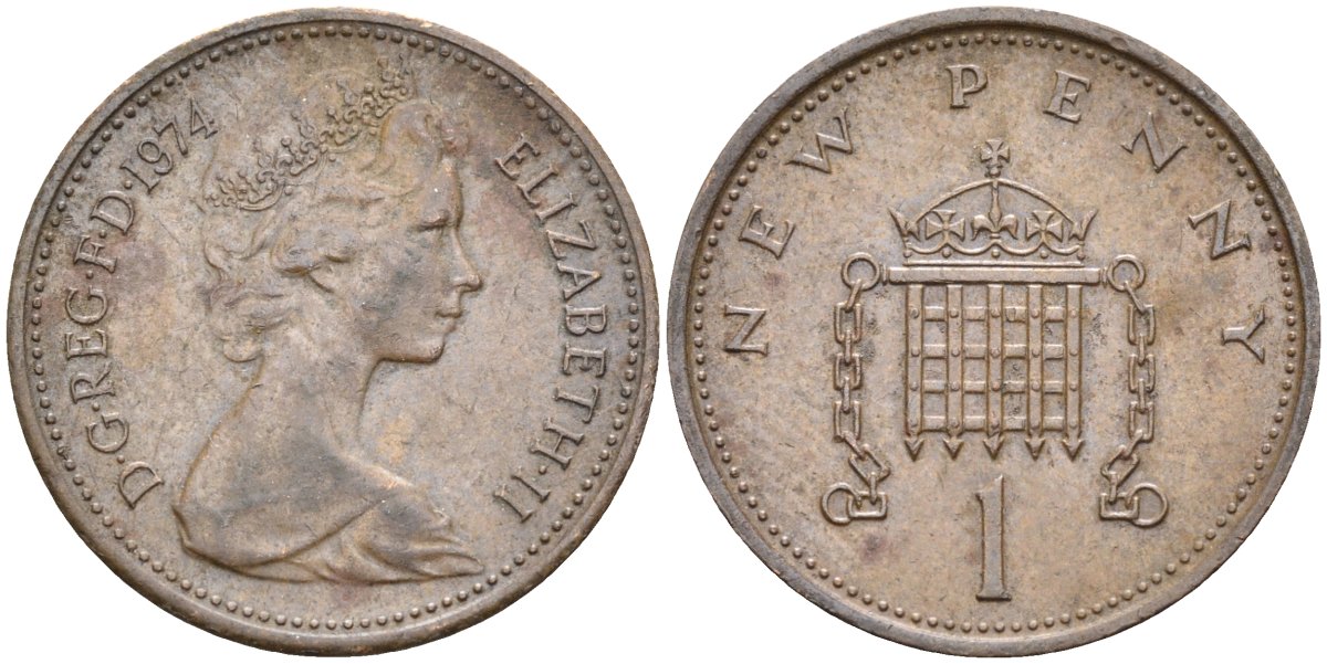 Великобритания 1 пенни 1974 Елизавета II (1952-2022) KM 915, Spink 4237 (B1) бронза 4585-863