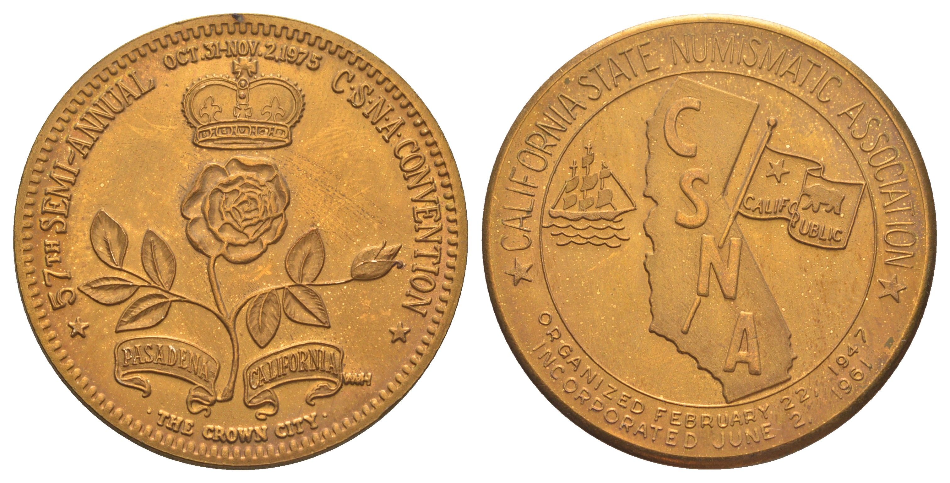 США, Калифорния медаль "Калифорнийская государственная нумизматическая ассоциация, 57-й полугодовой съезд" 1975 диаметр 35 мм, вес 23,1 ГР бронза 1529-522