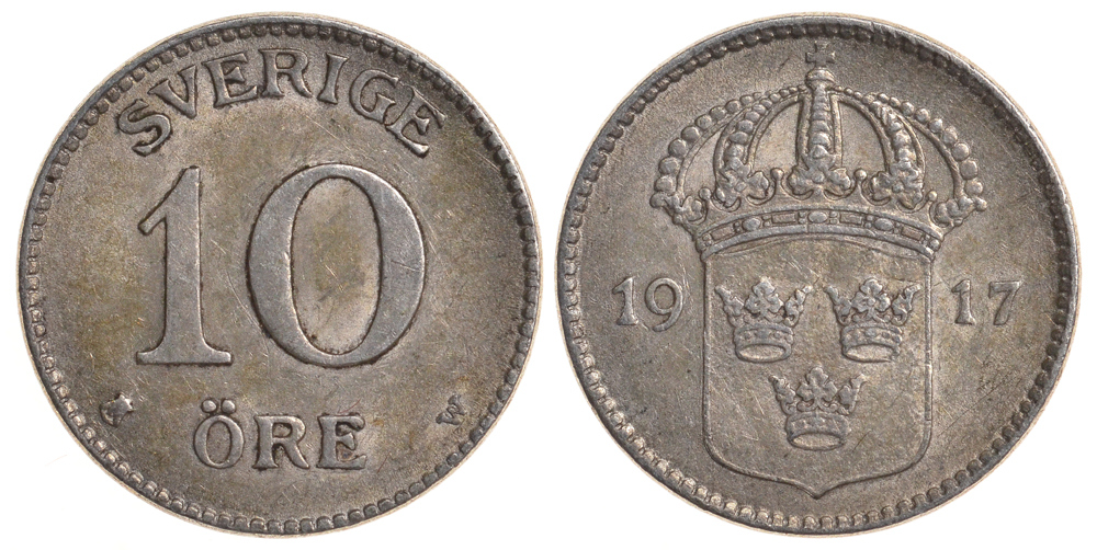 Швеция 10 эре 1917 W, Густав V (1907-1950) KM 780 серебро 4179-556